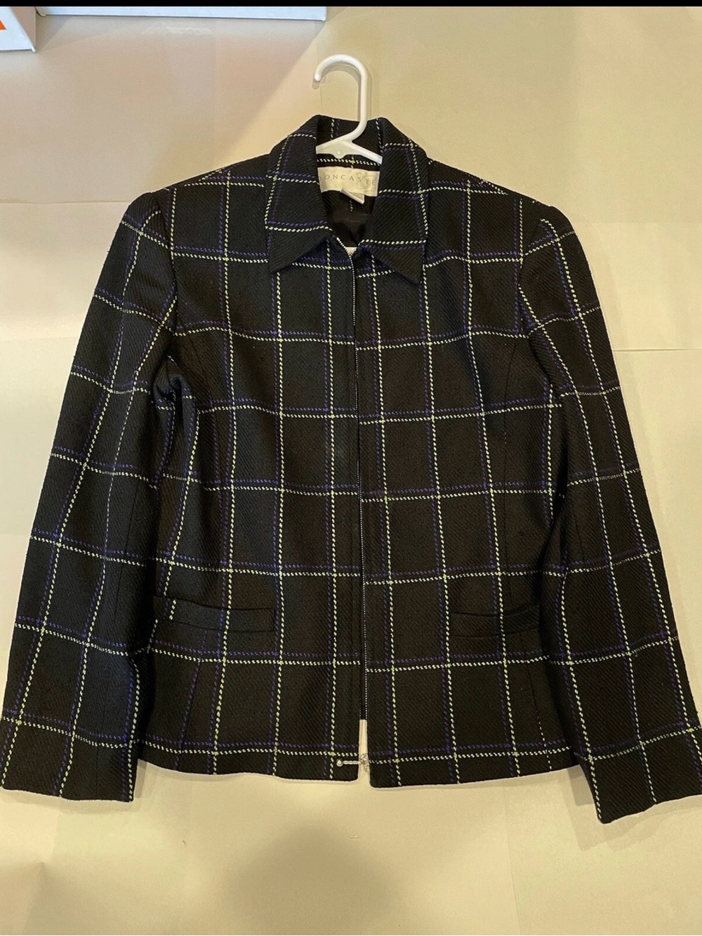 Doncaster Vintage Women’s Silk Plaid Zip Up Jacket Blazer Black Purple Yellow